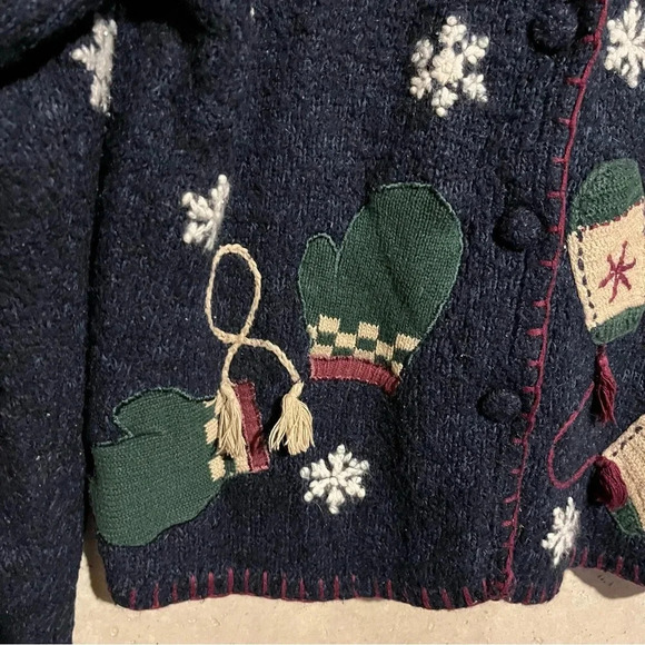 Retro Croft Barrow Hand Knit Christmas Holiday Sweater Cardigan XL Blue Red - Picture 2 of 11